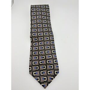 Louis Roth Mens Silk Necktie Grey Blue Geometric Square Pattern Made in USA